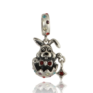 S925 sterling silver bunny Easter egg charm with colorful rhinestones for DIY bracelets