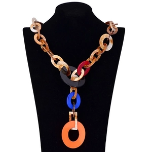 Bohemian leopard print acrylic resin long necklace with amber link and colorful pendants