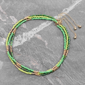 Collier à trois rangs de perles Miyuki vert et or avec chaîne d'extension réglable