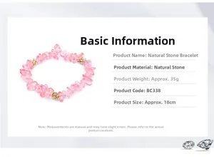 Pink natural quartz stone bracelet details with weight 35g and 18cm length specifications