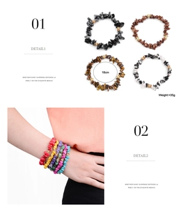 Detail view of irregular natural crystal stone beaded bracelets with golden metal spacers