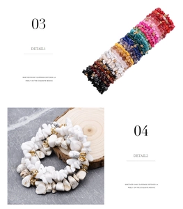Detail of colorful natural stone beaded bracelets with golden rhinestone spacers