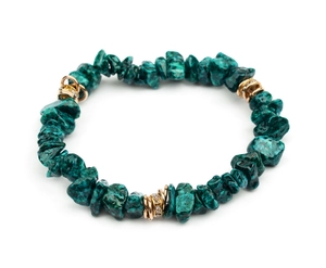 Detail of malachite style natural stone bracelet with gold rhinestone spacers on white background