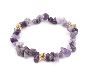 Close-up of natural amethyst beaded bracelet with gold rhinestone spacers on white background