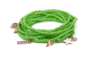 Multilayer green seed bead bracelet with gold charms including stars and leaves