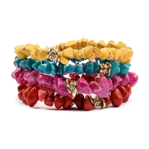 Set of four colorful natural stone chip bracelets with sparkling crystal gold spacer beads
