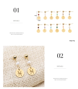 Détails de boucles d'oreilles zodiaque dorées avec pendentifs ajourés et perles colorées