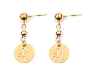 Détails de boucles d'oreilles signe Lion en acier inoxydable doré à fini miroir