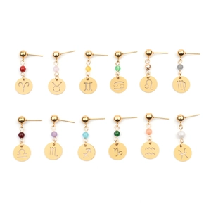 Boucles d'oreilles Clous en Acier Inoxydable Douze Signes du Zodiaque Or Argent Galvanisé Ajouré Symbole Astrologique Pendantes Femme
