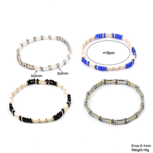 Set of four colorful handmade Miyuki Tila bead elastic bracelets with 18cm circumference