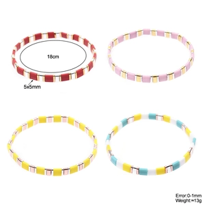 Detail view of 5x5mm colorful Tila bead stretch bracelets in four different color patterns