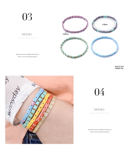 Detail view of colorful Tila bead stretch bracelets with 5x5mm enamel squares for women