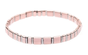 Detail view of handmade stretch tile bracelet with rose pink and silver Tila beads