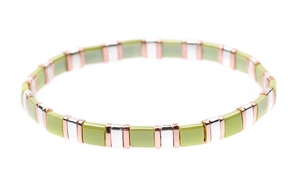 Detail of handmade Tila bead bracelet with lime green, silver, and rose gold rectangular tiles