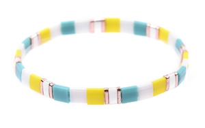 Detail of rainbow Tila bead bracelet with enamel tiles and rose gold spacers