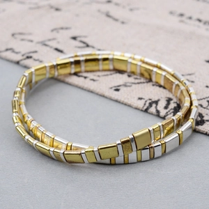 Minimalist gold and silver Tila bead stretch bracelets set with metallic tile squares