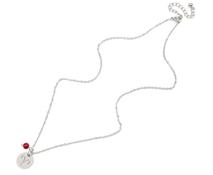 Détail du collier zodiaque Bélier argenté avec pendentif circulaire et perle rouge