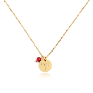 Collier long en acier inoxydable doré avec pendentif Bélier et perle rouge élégante