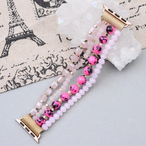 Pink pearl and leopard beads four-row strap with rose gold connector for Apple Watch