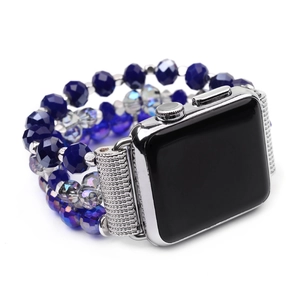 Detail of multi-strand Apple Watch strap with navy crystal beads and silver connectors