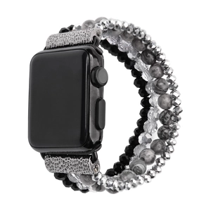 Detail of beaded Apple Watch strap featuring black, crystal, and marble beads