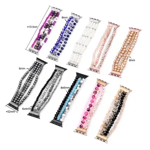 Elegant Apple Watch beaded bands set with natural crystal, pearls, and stones