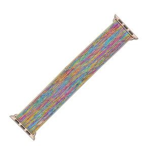 Close-up of rainbow braided nylon Apple Watch band with rose gold metal connectors