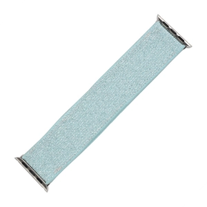 Detail of light blue nylon braided Apple Watch strap with silver glitter and connectors