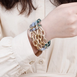 Multi-layer gold chain bracelet set with colorful faceted crystal beads and textured metal