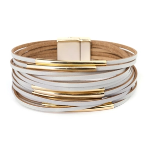 Dettaglio del bracciale in pelle grigia intrecciata con chiusura magnetica e barre dorate