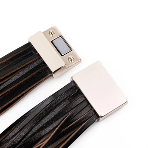 Bracciale multistrato in pelle intrecciata per coppie con chiusura magnetica argento