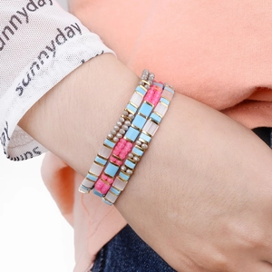 Bohemian multi-layer handmade beaded bracelet with blue, pink and gold Miyuki Tila beads