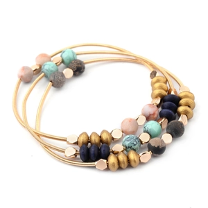 Bohemian Gold Spiral Titanium Steel Wire Bracelet With Natural Stone Wood Beads Multi-color Stackable Jewelry For Women