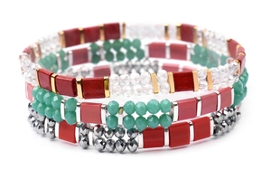 Macro detail of multi-layer handmade beaded bracelet set with Miyuki Tila glass beads