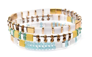 Detail of three-piece bohemian Miyuki Tila bead bracelet set with colorful square tiles