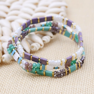 Three-piece bohemian stretch beaded bracelets with Miyuki Tila beads in lilac and turquoise