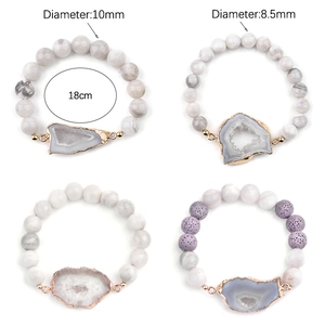 Bracelet en pierres naturelles avec tranche de géode dorée, tailles 8,5 mm et 10 mm