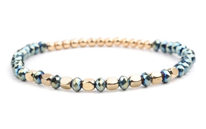 Detail view of crystal beaded bracelet with metallic blue finish and gold accent beads