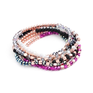 Multilayer beaded bracelet set featuring rose gold, black, and magenta acrylic beads
