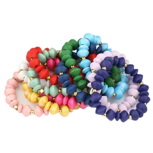 Handmade Colorful Geometric Wooden Beaded Stretch Bracelet For Women Bohemian Vintage Disk Beads Wrist Jewelry Accessory