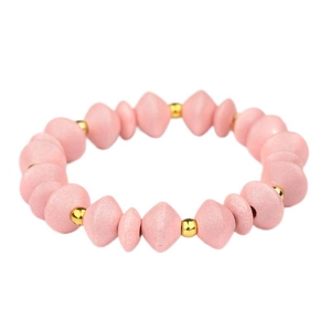 Elastic beaded bracelet with pink matte bicone wooden beads and gold spherical accents