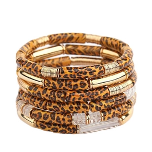Mode Leopardenmuster Acryl Rohr Armband Für Damen Bohemian Gold Metall Legierung Geometrische Stretch Armband Modern Schmuck