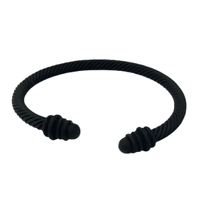Matte black cable wire cuff bracelet with twisted rope design and spherical ends