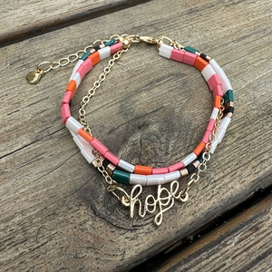 Bohemian multi-layer Tila bead bracelet with golden HOPE letter charm and adjustable chain