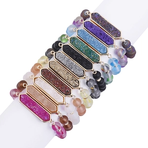 Bracelet Perlé avec Pendentif en Cristal Druzy Pierre Naturelle Bracelet Élastique Géométrique Bohème pour Femmes Bijoux