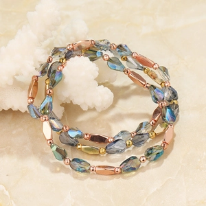 Three-layer stretch beaded bracelet with colorful faceted crystals and rose gold accents