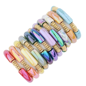 Trendy Iriserend AB Kleur Tube Kraal Stretch Armband Voor Vrouwen Legering Goud Disc Spacer Kralen Elastische Armband Sieraden