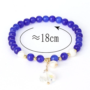 Blue cat-eye beaded bracelet with natural pearls and a faceted flower pendant charm