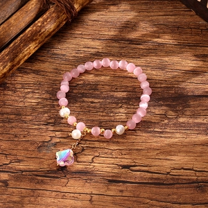 Pink cat eye stone beaded bracelet with freshwater pearls and clover crystal pendant