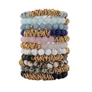 Set of 10 layered natural crystal stone beaded bracelets with gold wire wrap accents